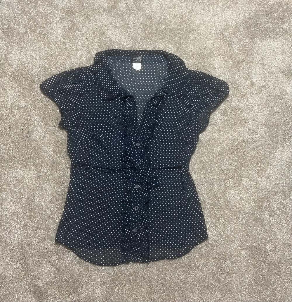 Thanx Collection Vintage Polka Dot Ruffle Button-Down Blouse Size M